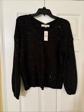 LOFT Black Sequin V-Neck Pullover Sweater